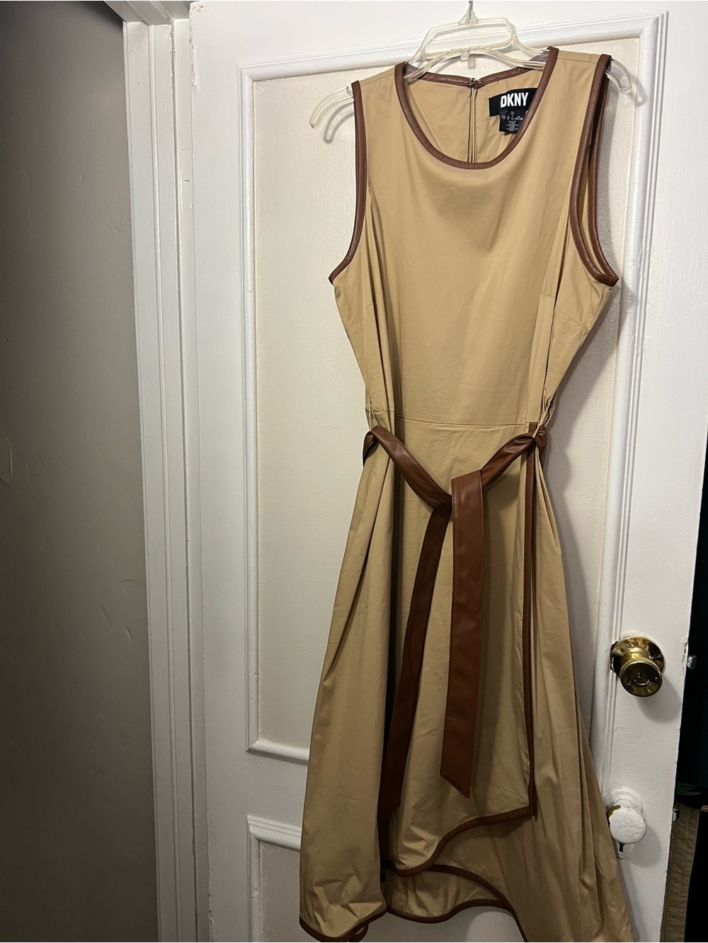 DKNY Tan Midi Dress with Brown Trim and Waist Tie